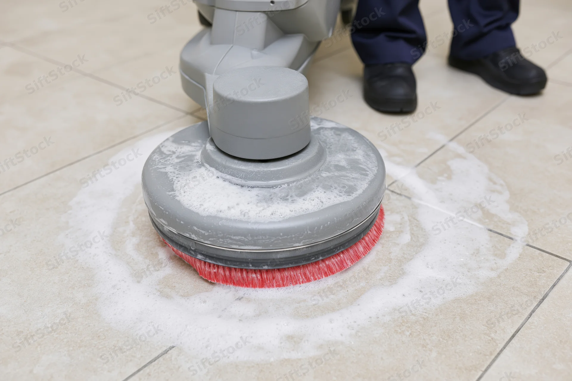 Janitor operating a grey rotary floor scrubbing machine on tiled floor with soapy foam