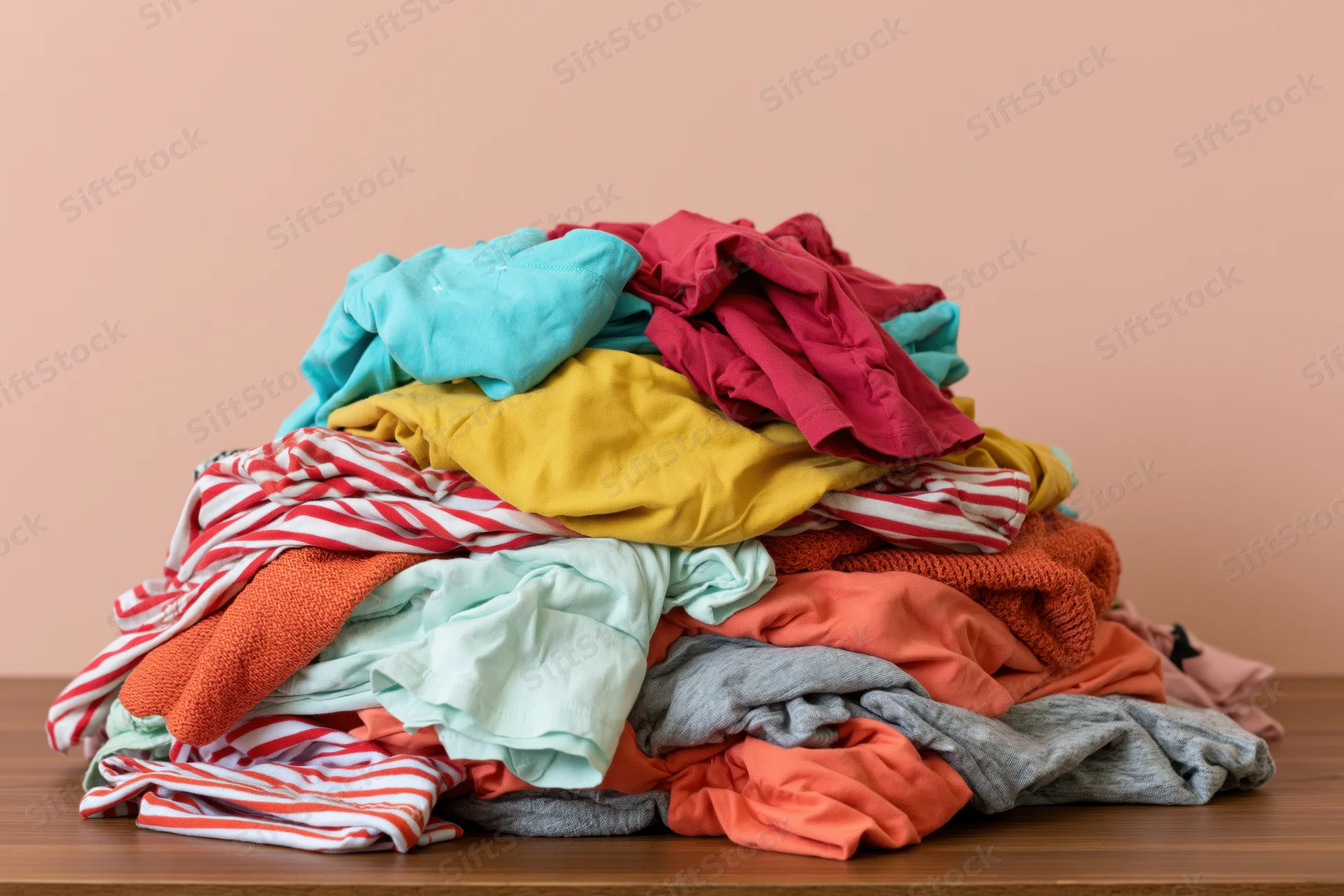 Messy pile of mixed colorful clothing heaped on wooden table
