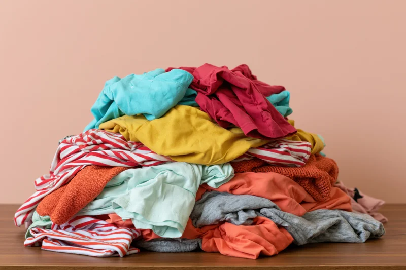 Messy pile of mixed colorful clothing heaped on wooden table