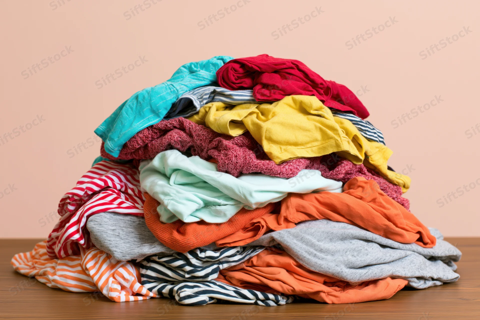 A large messy pile of mixed clothing heaped on a wooden surface