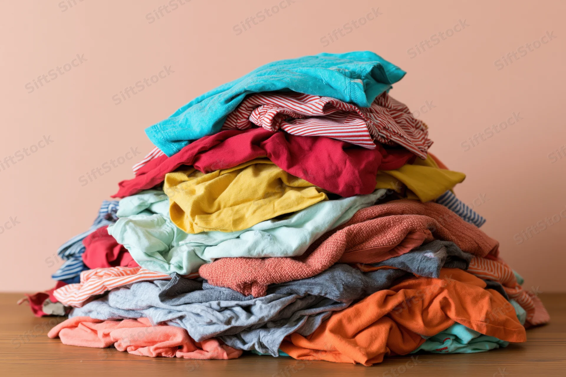 A large messy pile of mixed clothing heaped on a wooden surface