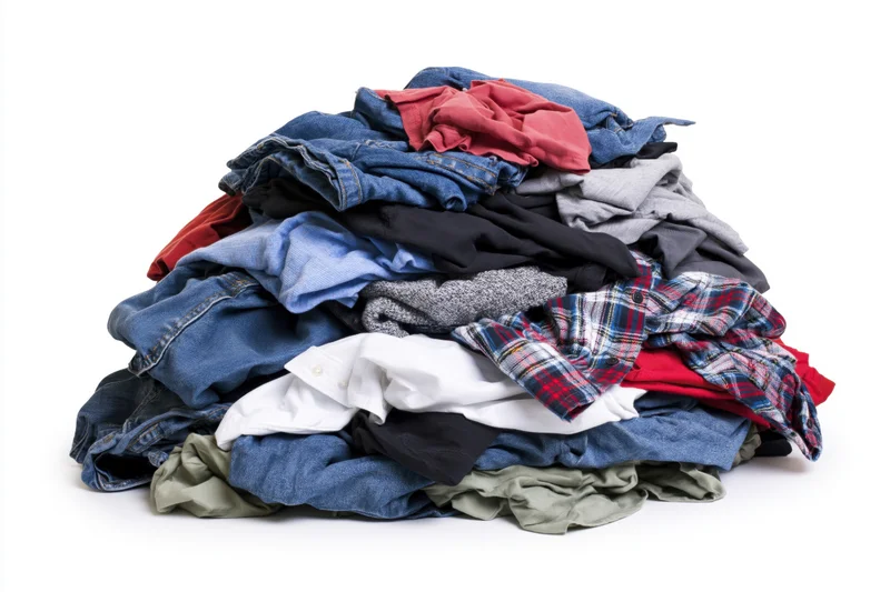 A large messy pile of mixed clothing heaped together on a white background