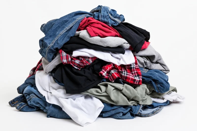 Messy pile of mixed casual clothing heaped together on white background