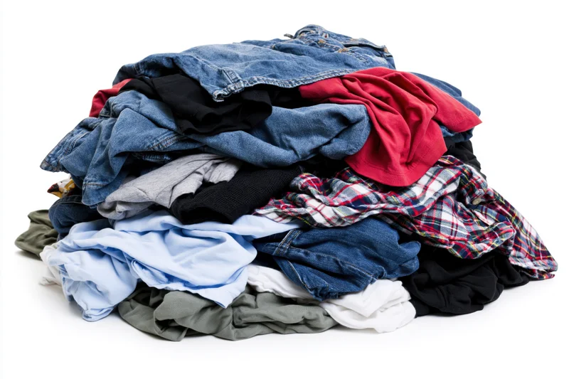 A messy pile of mixed casual clothing heaped together on a white background