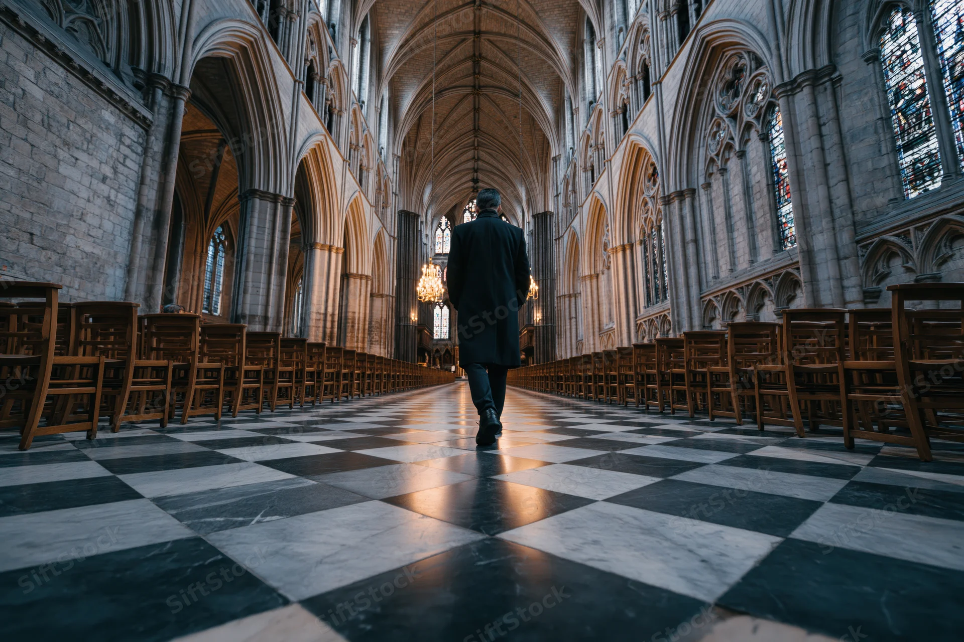 Man walking down the central aisle of a gothic cathedral interior