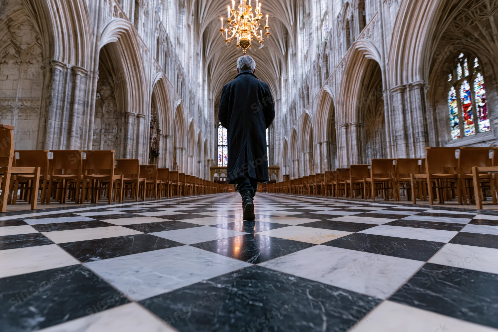 Man walking down central aisle of gothic cathedral interior