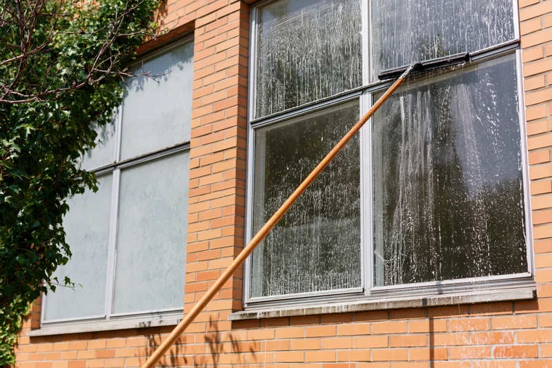 Long-handled squeegee cleaning soapy water from a window on a brick building exterior