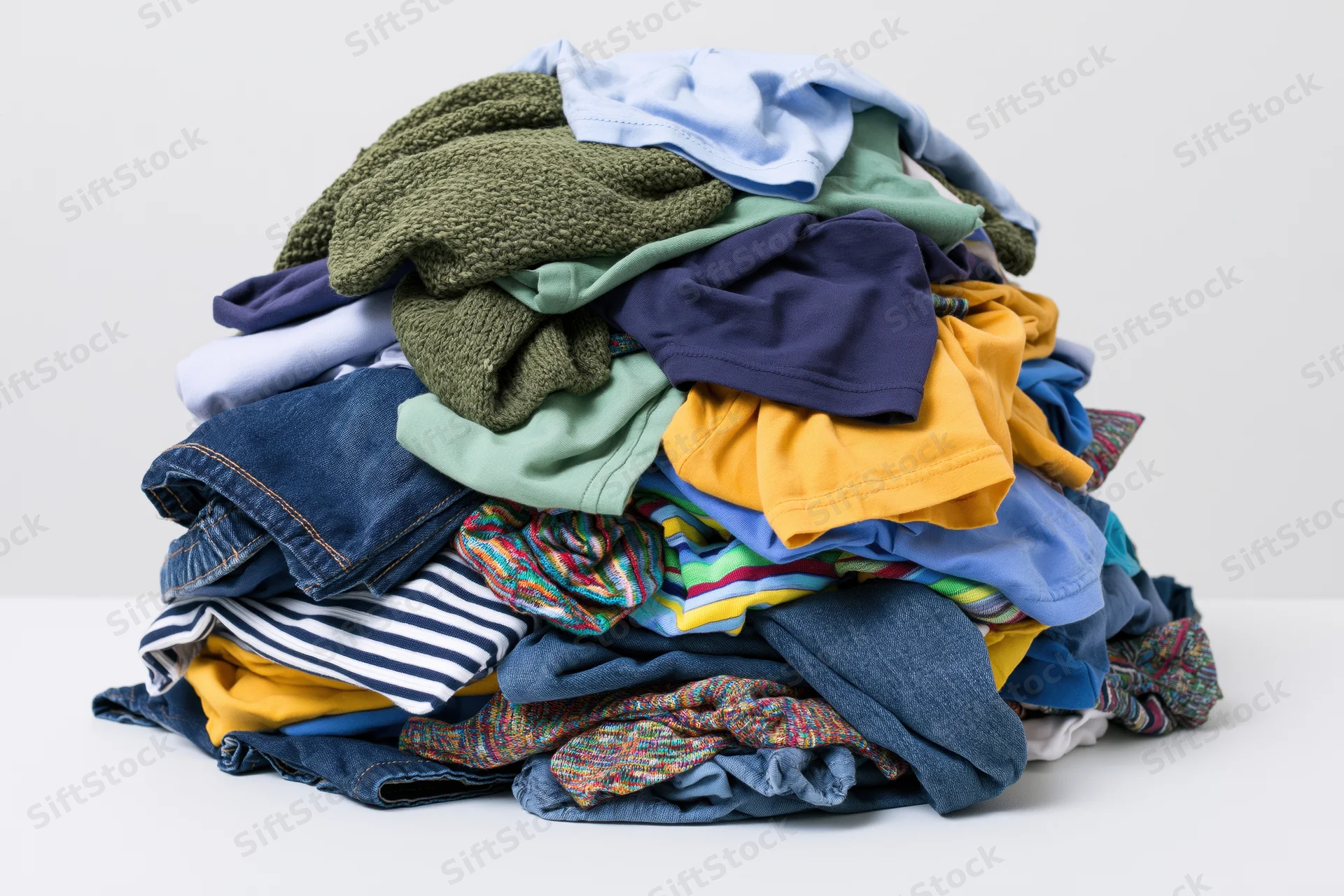 Messy pile of mixed casual clothing heaped on plain white surface