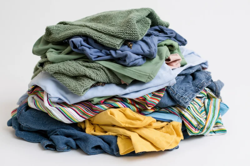 A messy pile of mixed casual clothing heaped on a plain white surface
