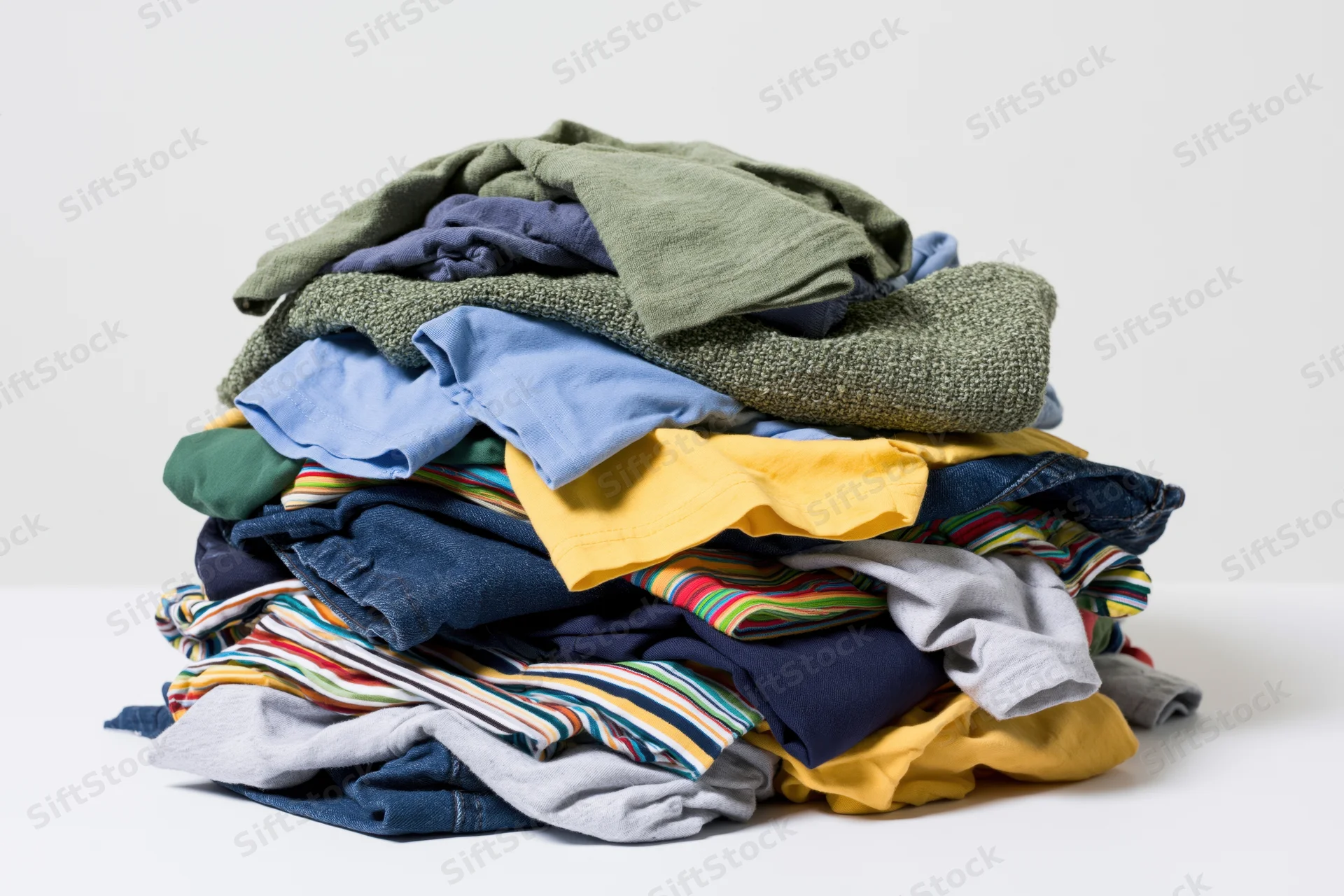 Messy pile of mixed casual clothing heaped on plain white surface