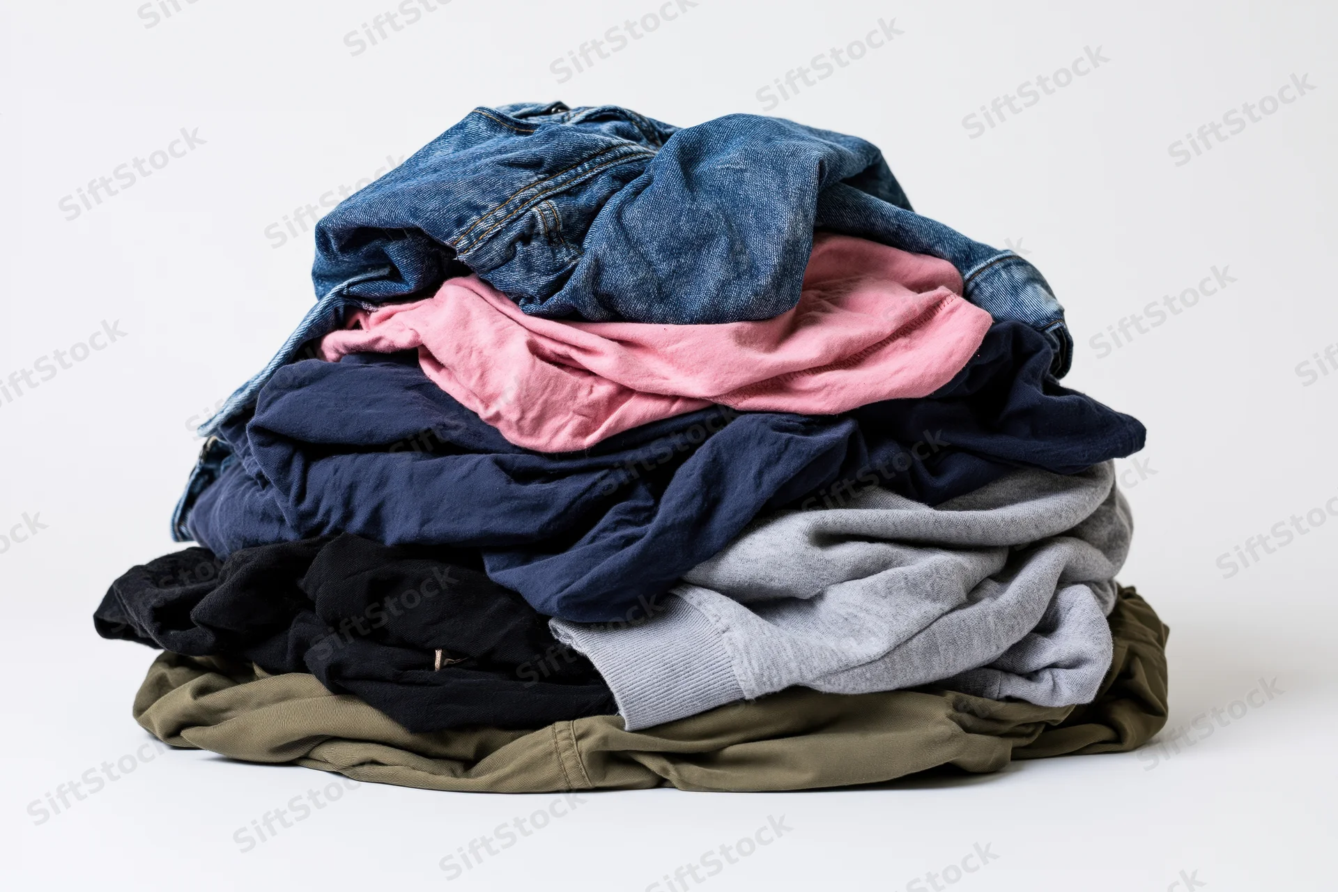 A messy pile of mixed clothing heaped on a flat surface