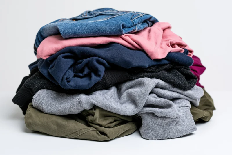 A heap of folded casual clothing stacked on a white surface