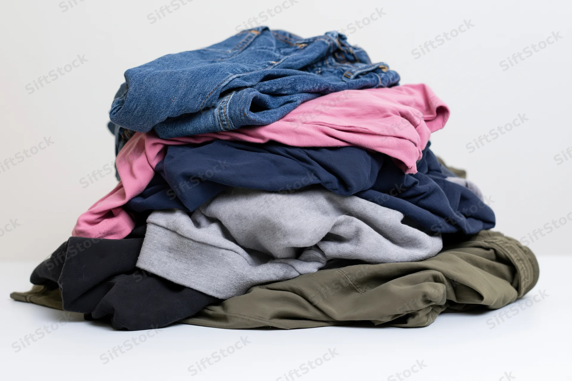 Heap of mixed casual clothing piled on a white surface