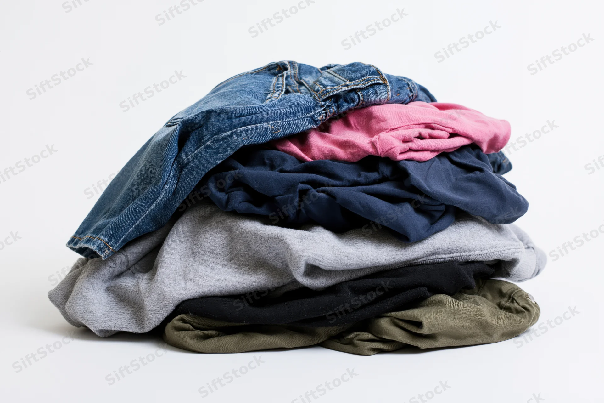 A heap of mixed casual clothing including jeans and tshirts on a white surface