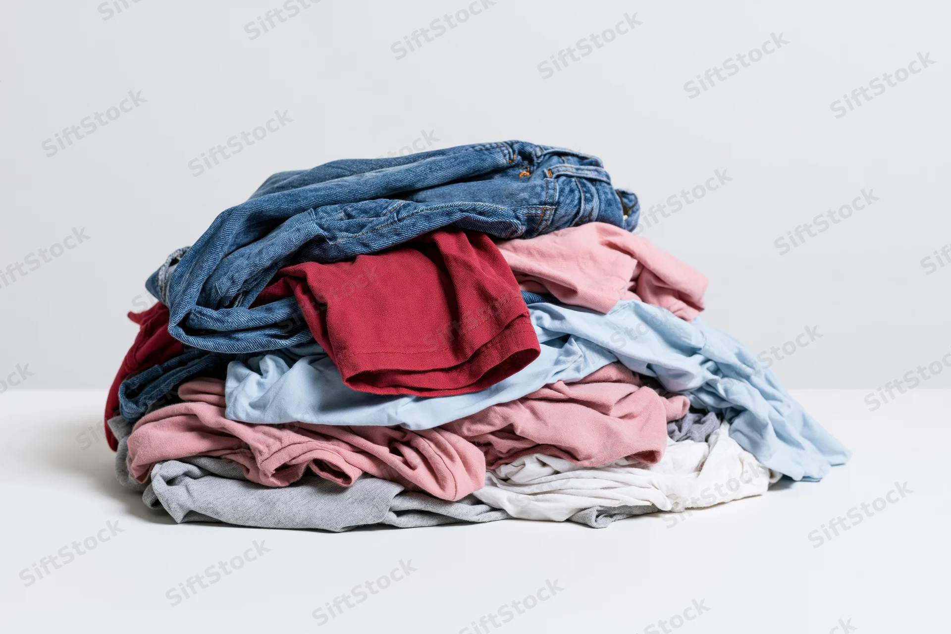 A messy pile of wrinkled clothes heaped on a white surface