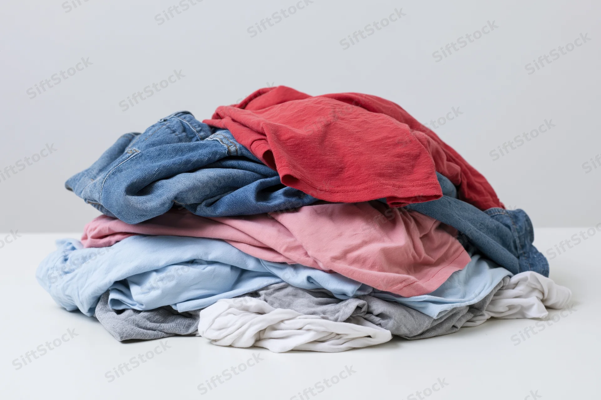 Pile of wrinkled laundry clothes heaped on white surface