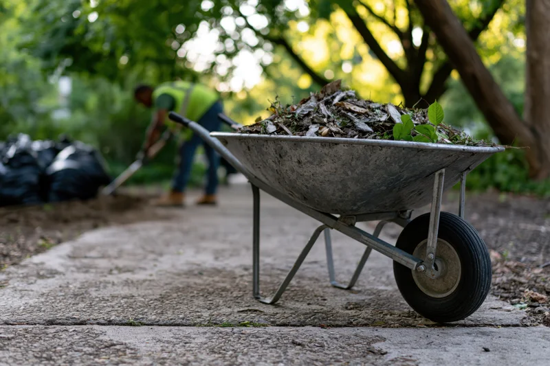 Metal wheelbarrow filled with garden debris on a concrete sidewalk with a worker raking leaves in the background