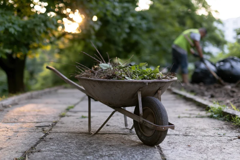Metal wheelbarrow filled with garden debris on a concrete path with a worker in the background cleaning up the yard