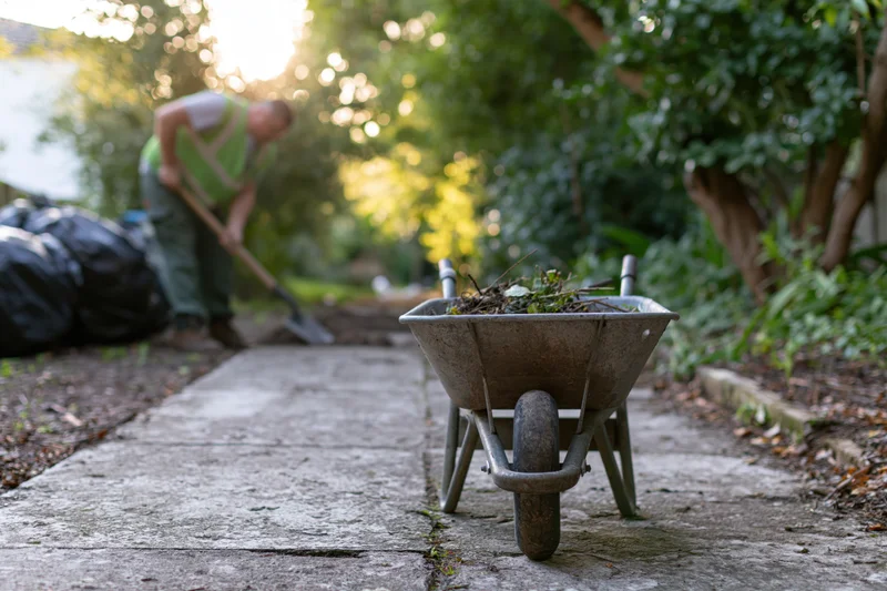 Metal wheelbarrow filled with garden debris on a concrete pathway with a worker shoveling in the background