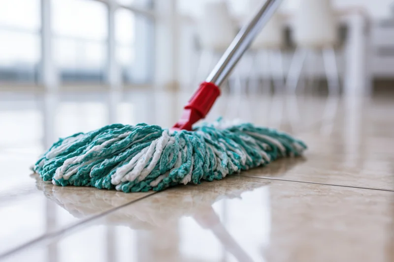 Microfiber mop head resting on polished tile floor with chrome handle