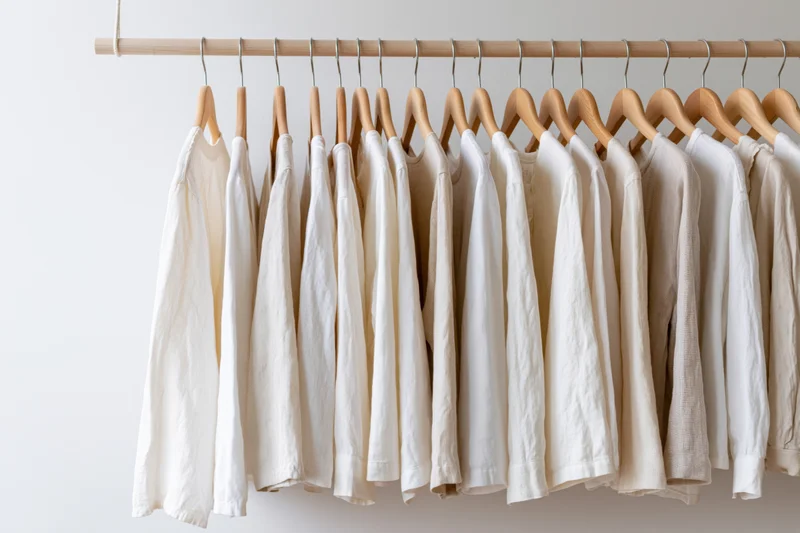 Neutral linen garments hanging on a wooden rack against a white wall