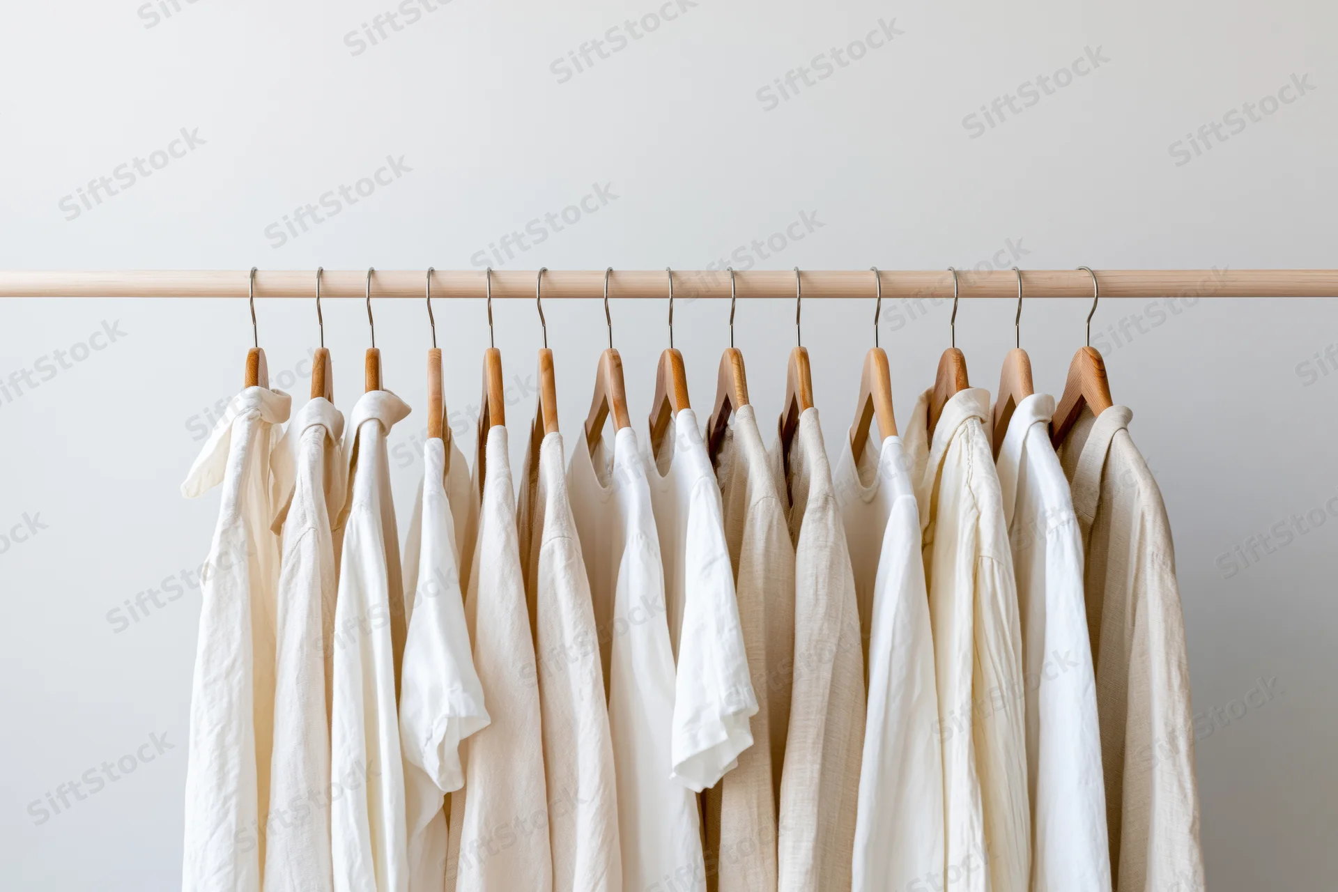 Neutral linen garments hanging on a wooden rack against a plain wall