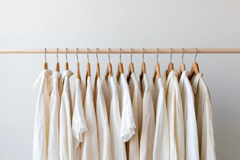 Neutral linen garments hanging on a wooden rack against a plain wall
