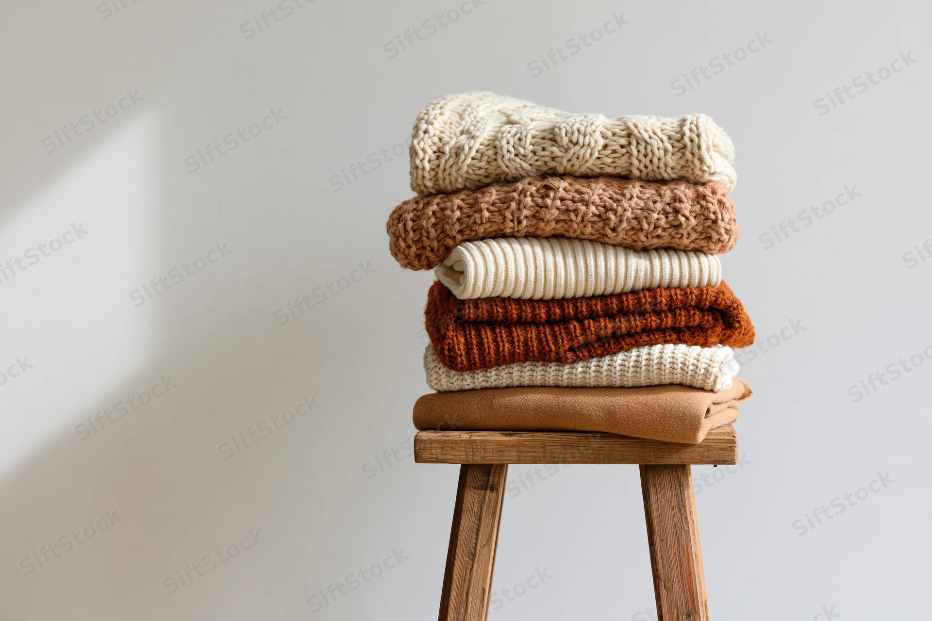 Stack of folded knit sweaters in neutral tones on a wooden stool