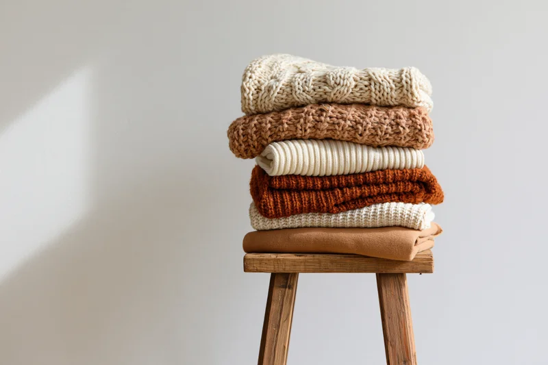 Stack of folded knit sweaters in neutral tones on a wooden stool