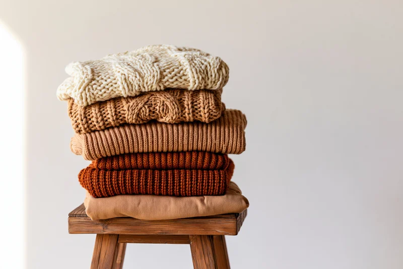 Stack of folded knit sweaters in earth tones on wooden stool