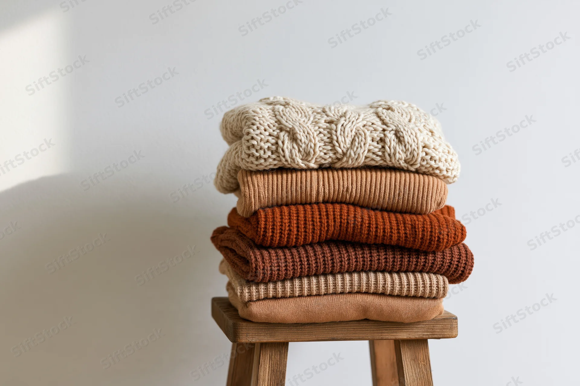 Stack of folded knit sweaters in earth tones on a wooden stool against a white wall