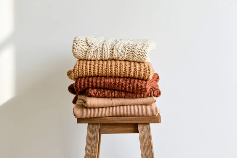 Stack of five folded knit sweaters in neutral tones on a wooden stool