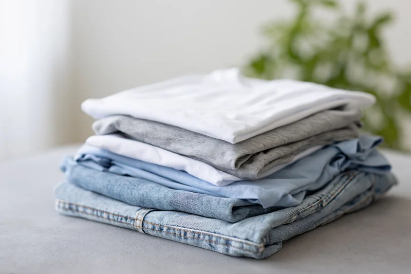 Stack of folded casual clothes including jeans and tshirts on a table