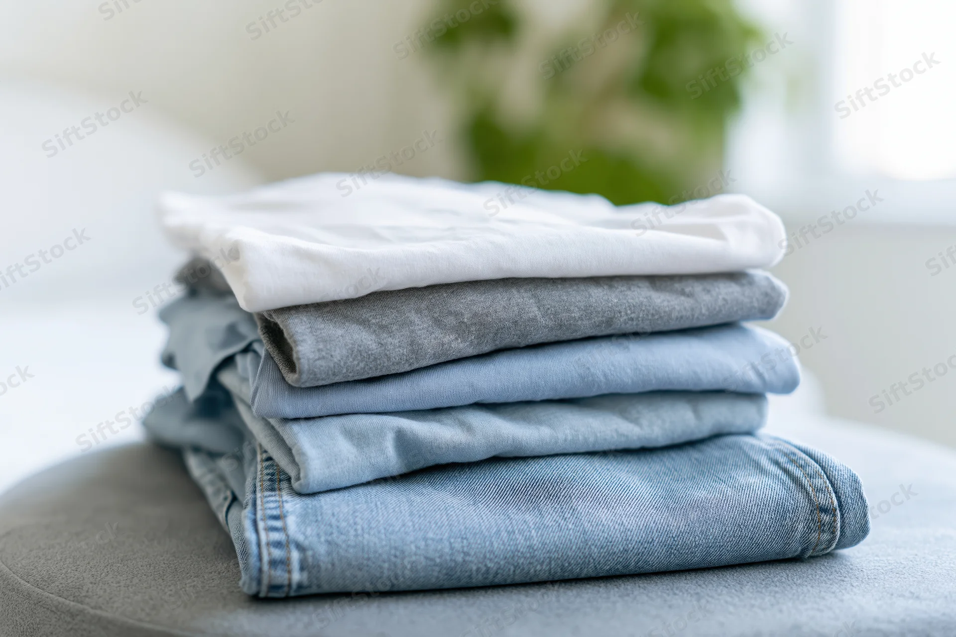 Stack of folded casual clothes on ottoman in bright home interior