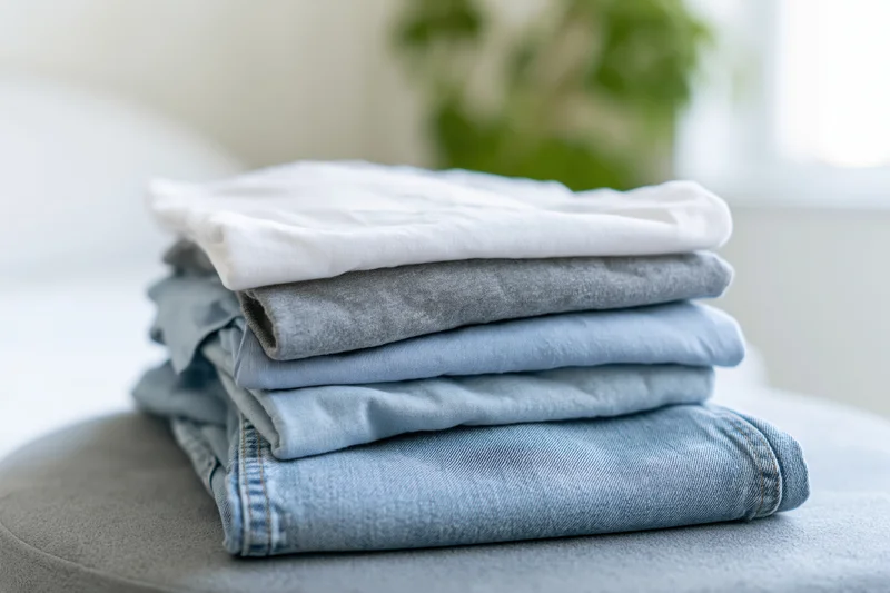Stack of folded casual clothes on ottoman in bright home interior