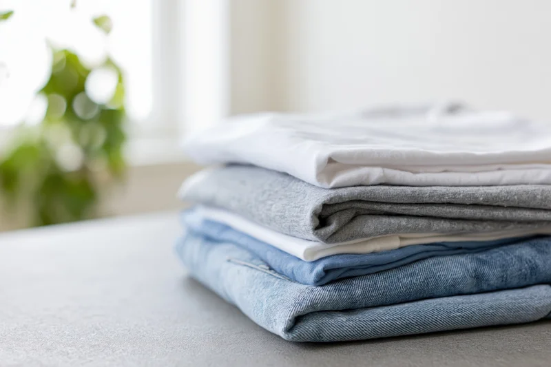 Stack of folded casual clothes in white, grey and blue on a table near a window