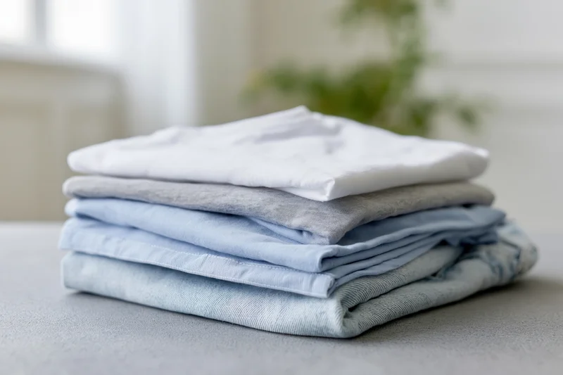 Stack of folded casual clothes in white, grey and blue on a table
