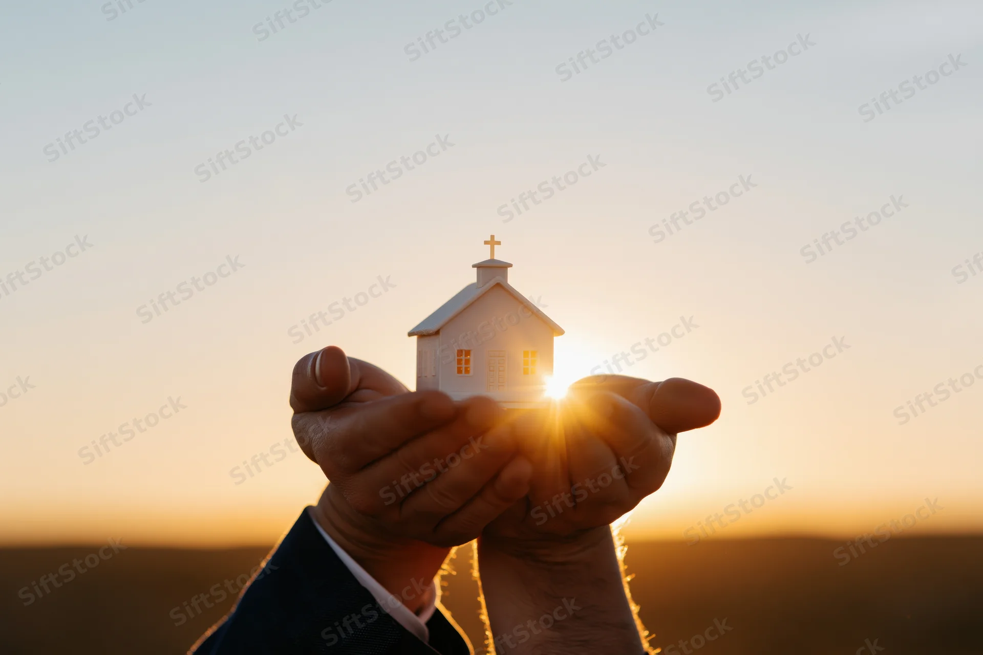 Hands cupping a small white church model against a sunset sky
