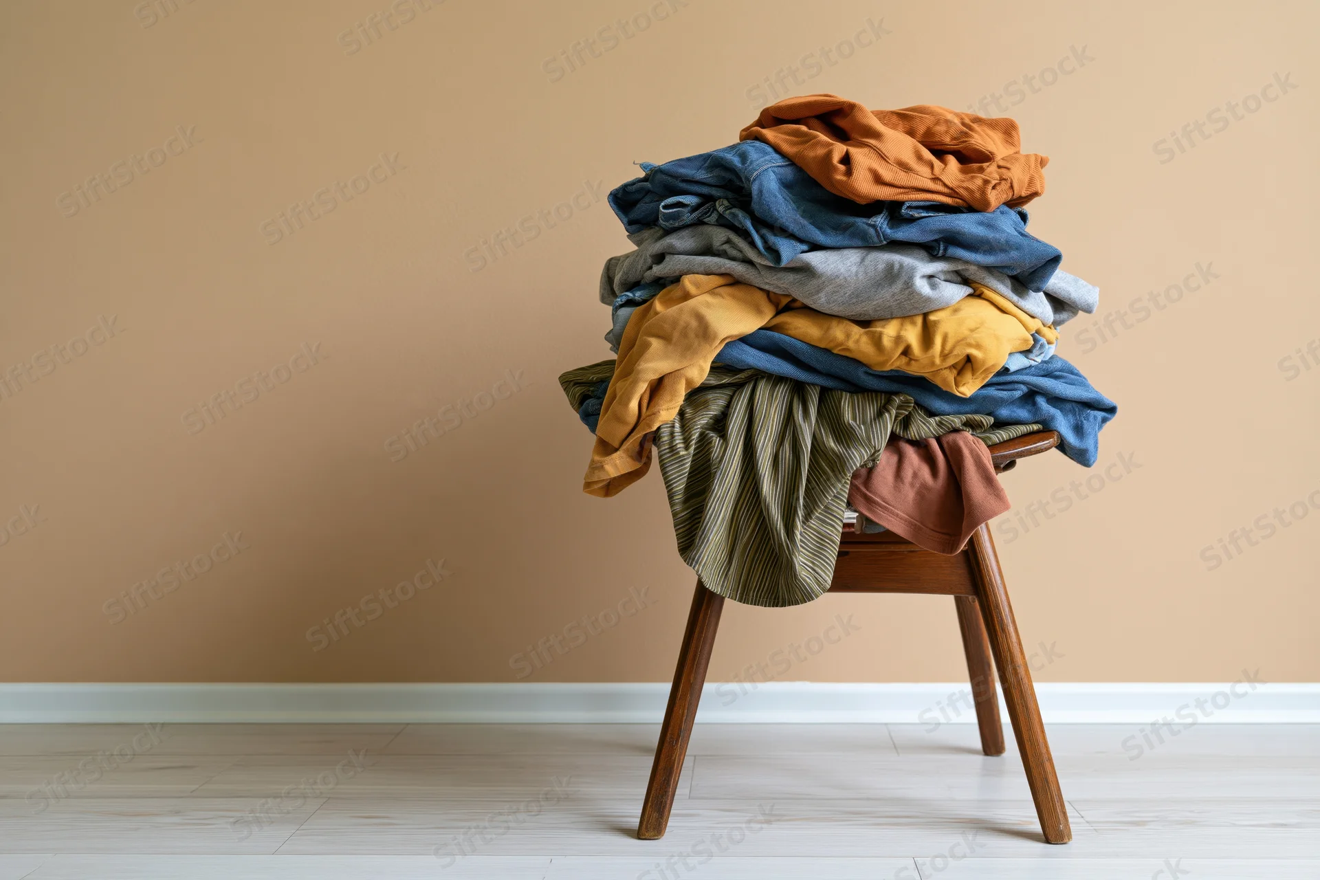 Pile of mixed casual clothing draped and stacked messily on wooden chair in home interior