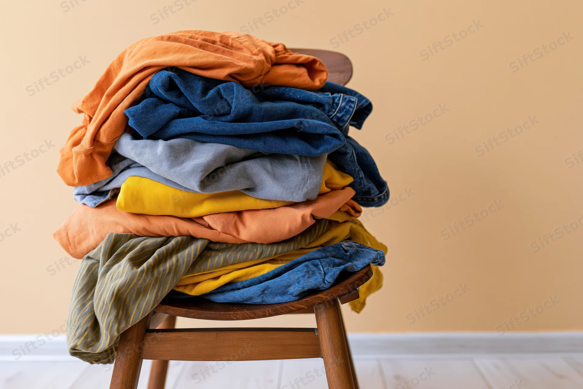 Pile of mixed casual clothing stacked messily on a wooden stool in a home interior