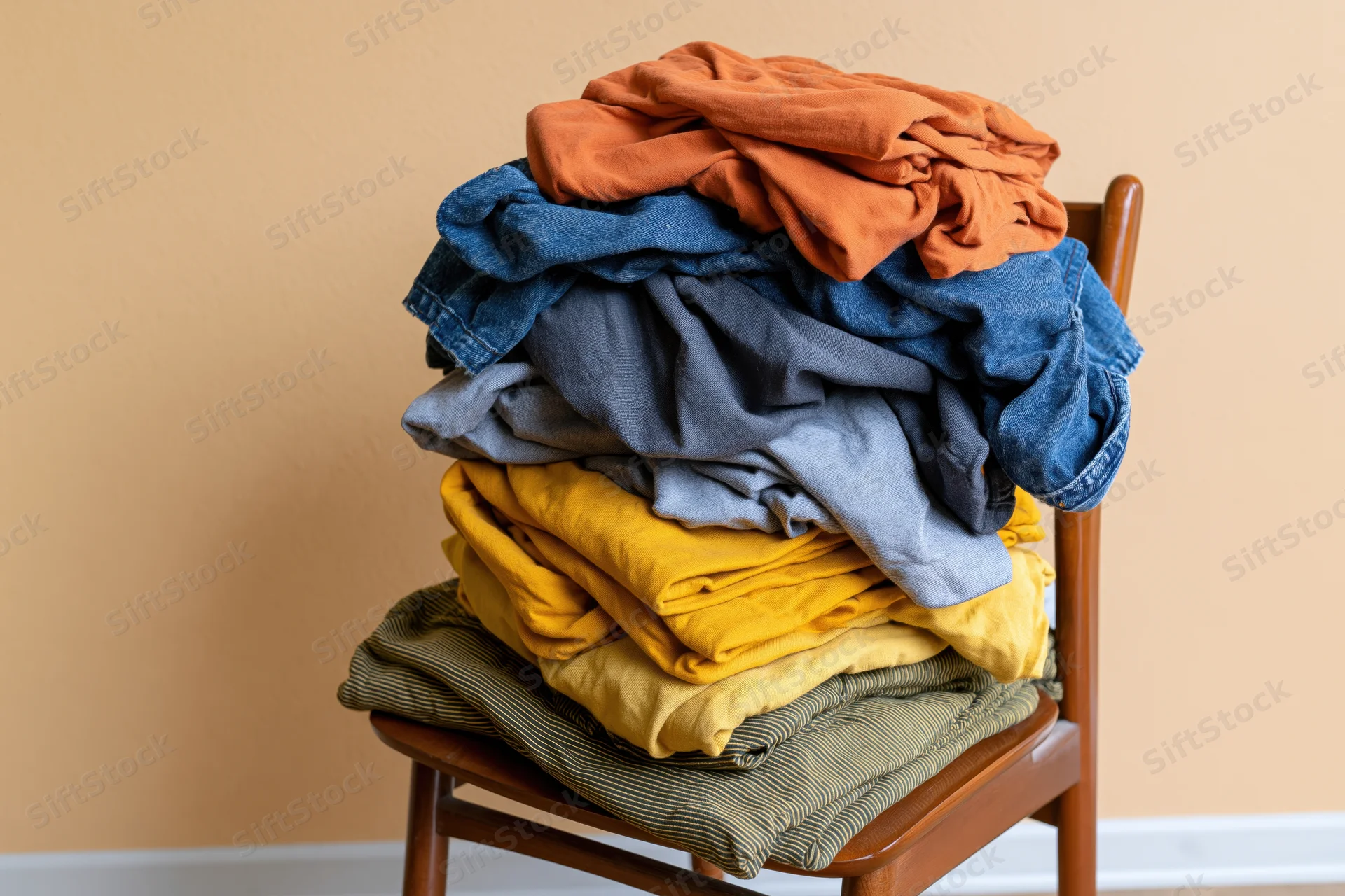 Pile of mixed casual clothing stacked messily on wooden chair in home interior