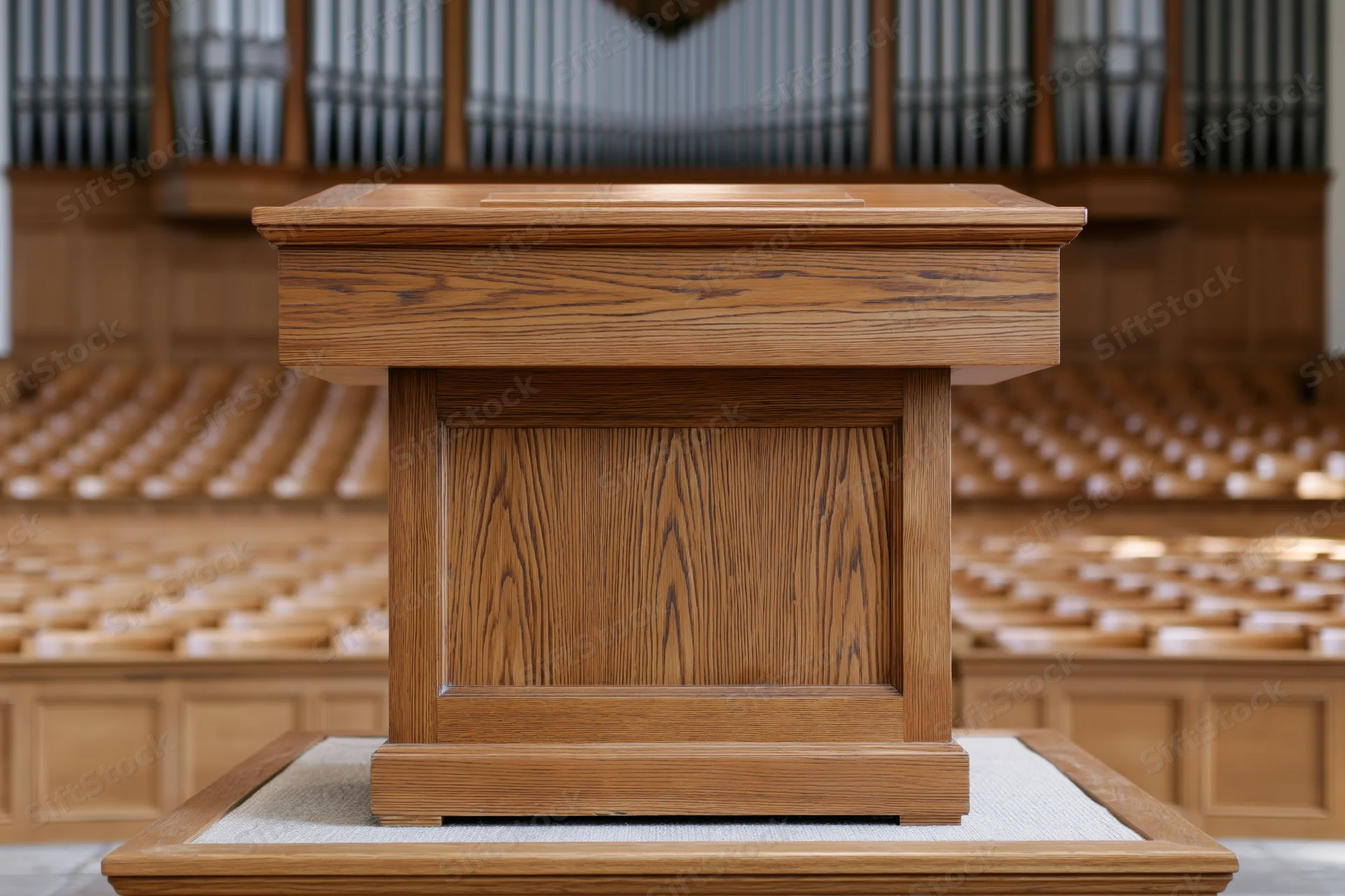 Wooden pulpit centered on raised platform in church sanctuary with organ and pews in background