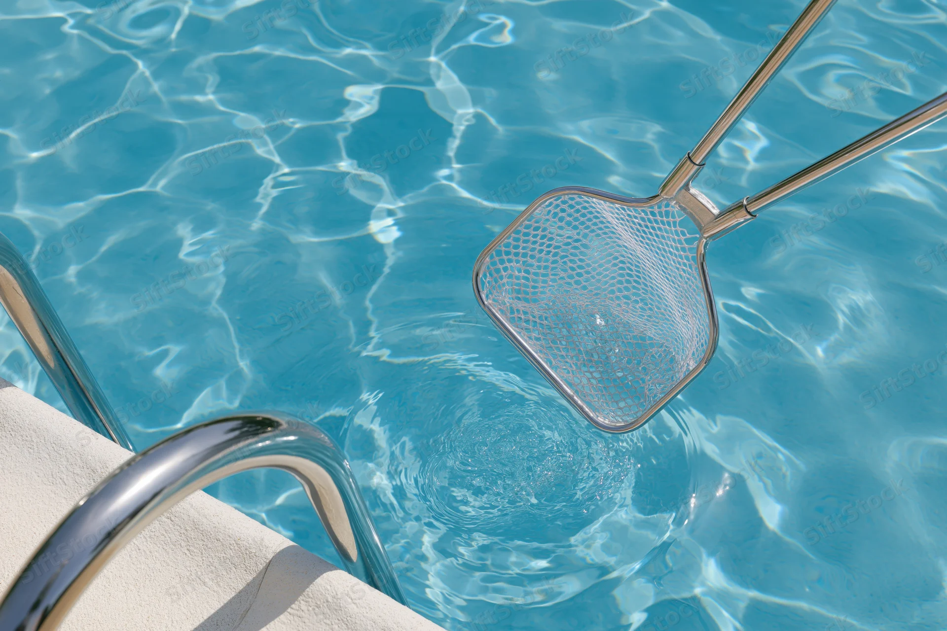 Pool skimmer net dipping into clear blue water near pool ladder