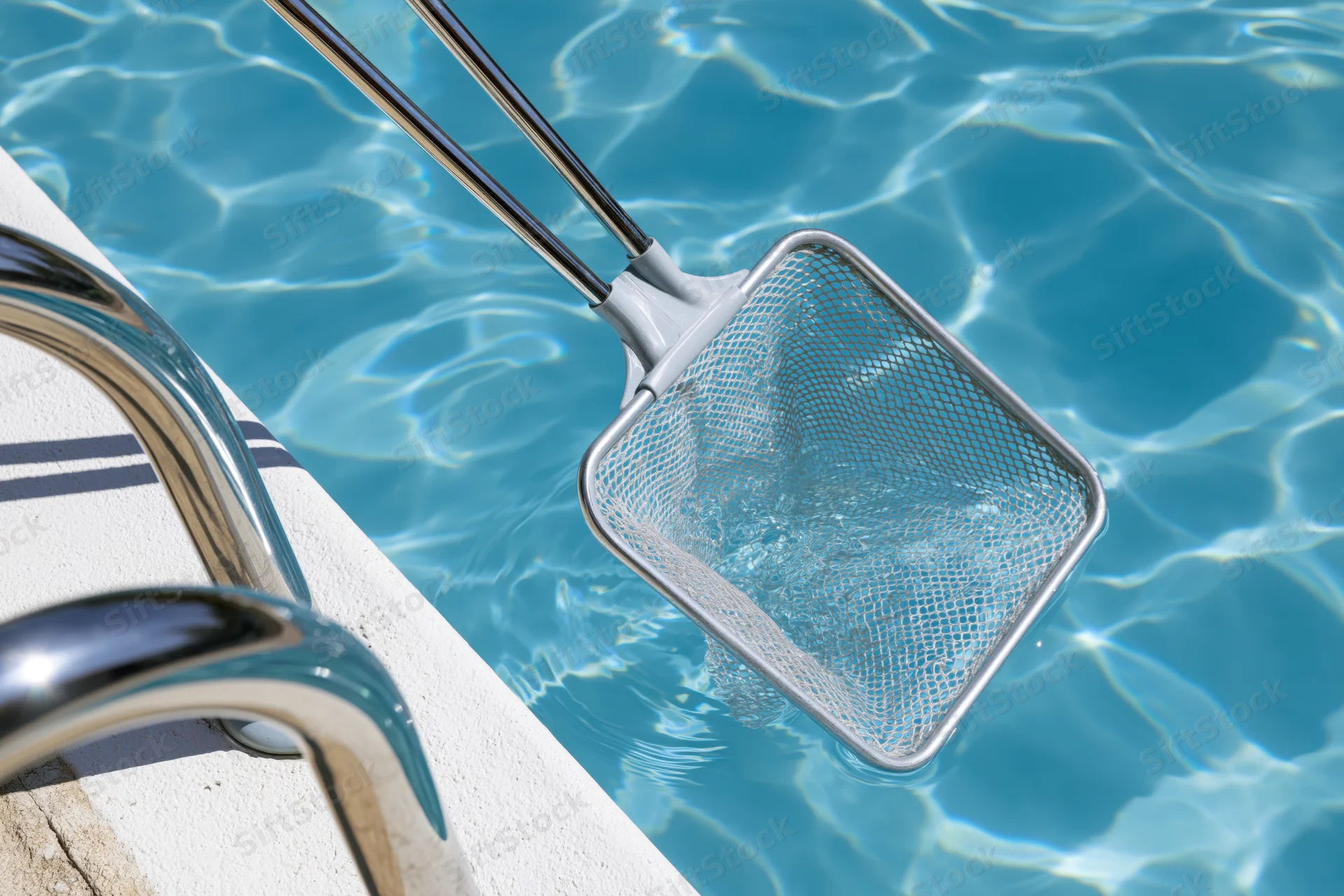 Pool skimmer net dipping into clear blue swimming pool water near pool ladder