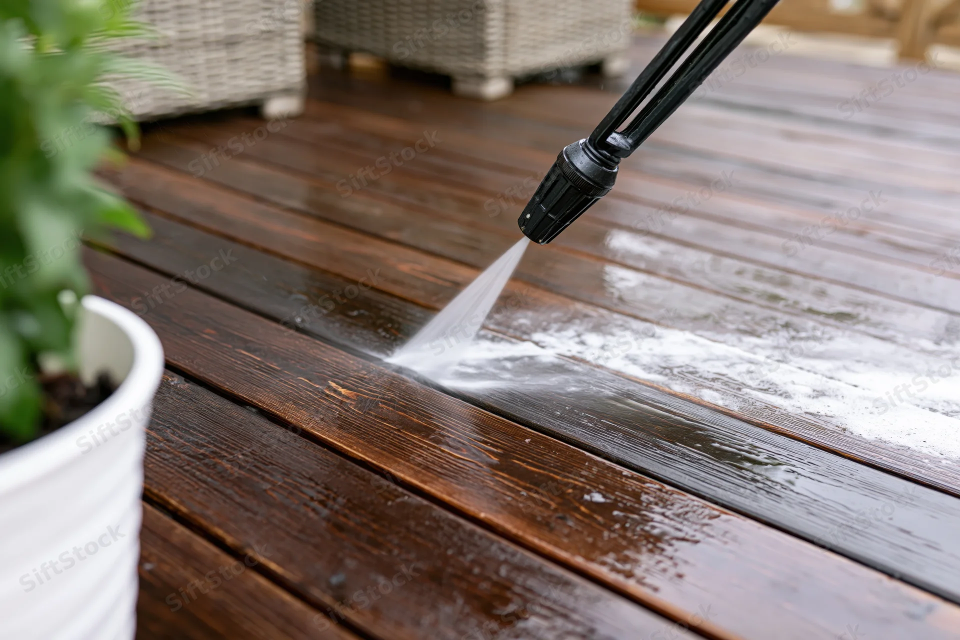 Pressure washer lance spraying water across wooden deck surface outdoors