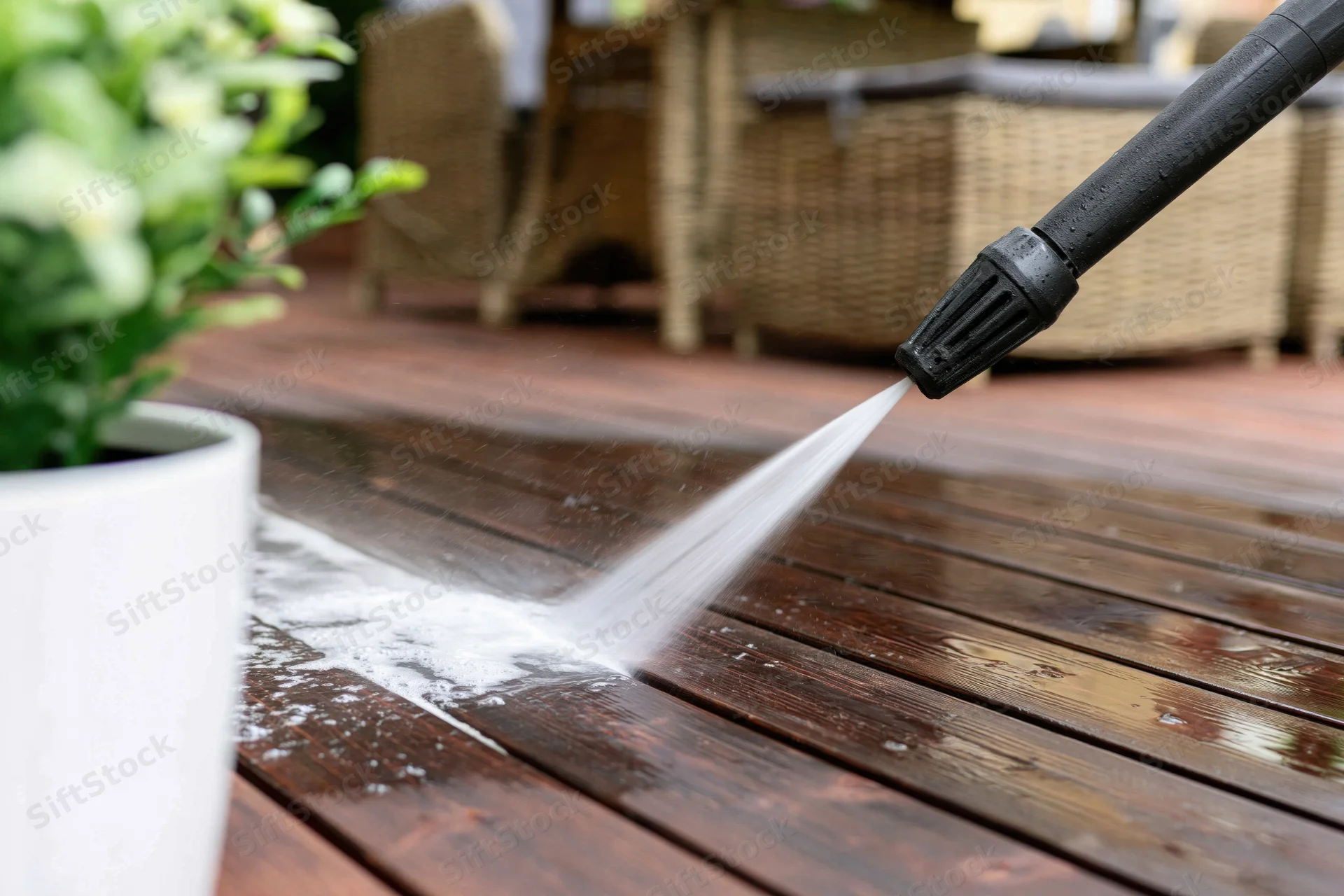 Pressure washer lance spraying water across a wooden deck outdoors