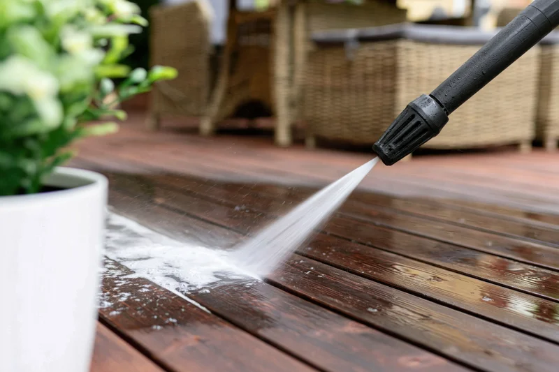 Pressure washer lance spraying water across a wooden deck outdoors