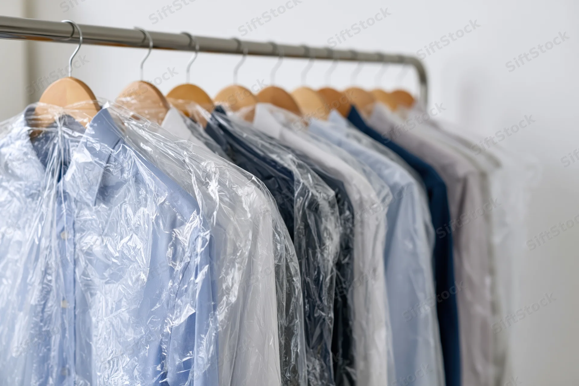 Row of freshly dry-cleaned shirts on wooden hangers in a closet