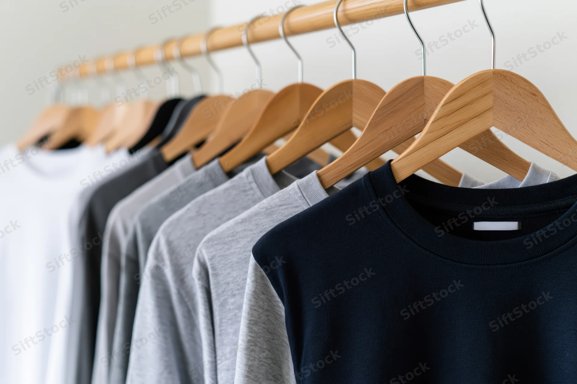 Plain cotton t-shirts in neutral colors hanging on wooden hangers in a row