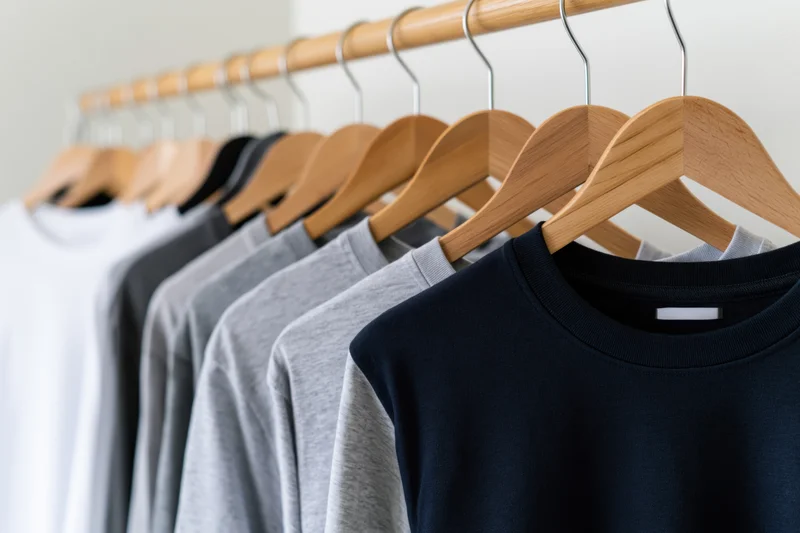 Plain cotton t-shirts in neutral colors hanging on wooden hangers in a row